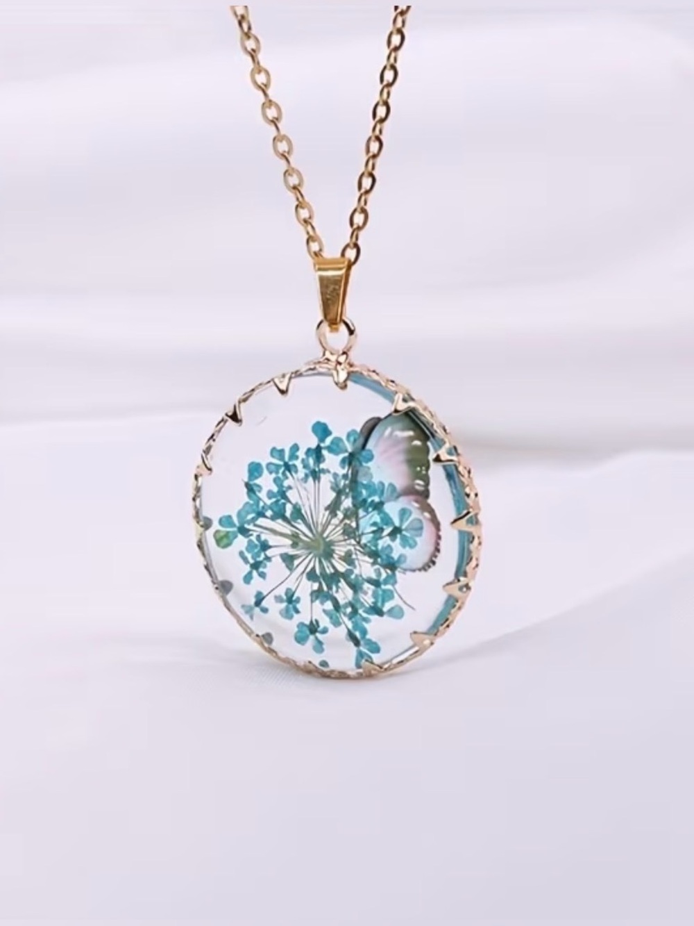 Gold Necklace with Pressed Blue Butterfly and Blue Flower Pendant
